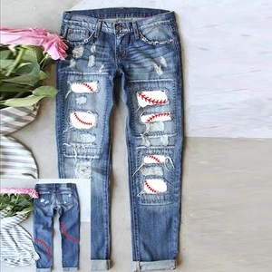 Women Streetwear Distressed Straight Leg Jeans Washed Blue Denim Pants With Baseball Stitching Patches Ripped Casual Trousers
