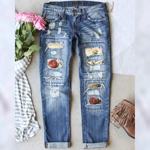 Women Ripped Floral Patchwork Denim Jeans Straight Leg Mid Waist Distressed Washed Blue Casual Long Trousers Streetwear