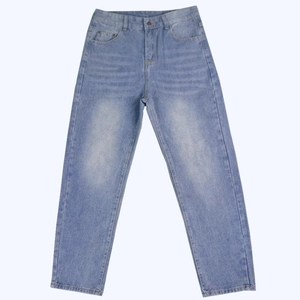Slim fit light blue denim jeans with vintage faded wash and straight leg design