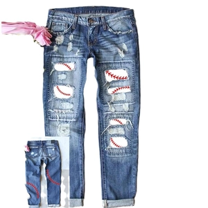 Light blue distressed denim jeans with ripped baseball stitch embroidery and back view detail