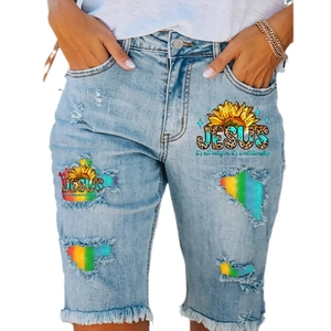 Distressed light blue denim shorts with Jesus leopard sunflower print and frayed hems