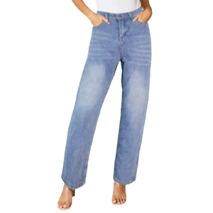 Women's light blue high-waisted straight leg jeans with a classic five-pocket design