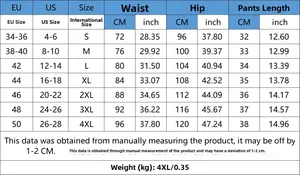 Tableau des tailles détaillé pour shorts en denim avec mesures EU et US précises en cm