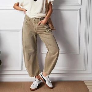 Women High Waisted Curved Leg Denim Jeans Loose Barrel Pants With Knee Panelling Retro Casual Wide Leg Trousers