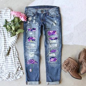 Women Casual Ripped Straight Leg Jeans With Purple Floral Patchwork Mid Waist Washed Denim Pants Distressed Streetwear