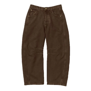 High waist curved leg jeans in chocolate brown featuring wide silhouette and metal button