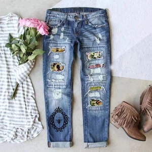 Women Ripped Printed Straight Leg Jeans Distressed Denim Pants With Floral Bee Design Washed Blue Trousers Street Casual
