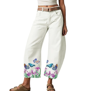 Women's Fashion Butterfly Floral Print Loose Casual Denim Jeans Straight Wide Leg Nine Minute Length Off White Pants