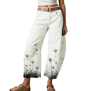 Jeans da Donna alla Moda con Stampa Dente di Leone a Gamba Dritta Pantaloni Denim Larghi a Vita Alta con Cintura Borchiata