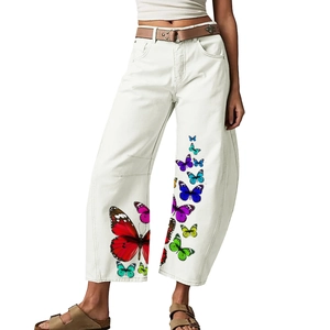 Damen Schmetterling Druck Hohe Taille Weites Bein Jeans Weiß Baumwollmischung Gekürzt Denim Hosen Für Streetwear Casual Alltag