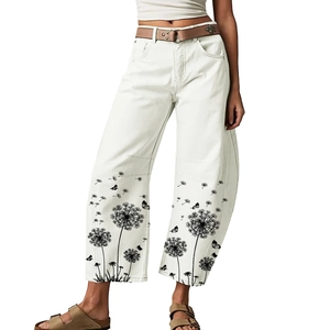 Jeans Blancs Femme Taille Haute Jambe Large Avec Imprimé Pissenlit Papillon Pantalons Denim Décontractés Streetwear
