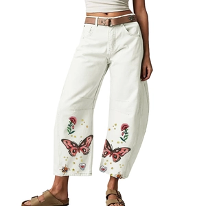 Damen Mode Schmetterling Floral Drucken Weites Bein Jeans Mit Gürtel Hohe Taille Locker Lässige Gerade Denim Hose Streetwear