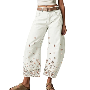 Pantaloni da Donna Casual in Misto Cotone Gamba Larga Stampa Floreale con Api Vita Alta Pantaloni Dritti Larghi Moda Estiva