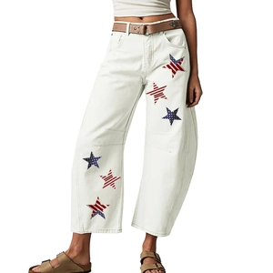 Vaqueros de Pata Ancha de Cintura Alta para Mujer Pantalones de Mezclilla Con Estampado de Estrellas Moda Casual Streetwear Mezcla de Algodón Blanco