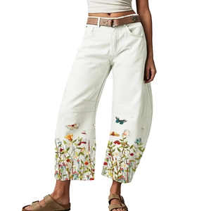Women High Waist Wide Leg Straight Pants Rice White Cotton Blend Floral Butterfly Print Ankle Length Streetwear Casual Trousers