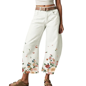 Jeans da Donna a Gamba Larga con Stampa Floreale di Rose Pantaloni in Denim Bianco Casual a Vita Alta Vestibilità Larga