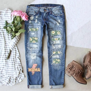 Women's mid-waist ripped straight jeans with floral patches and MAMA lightning print