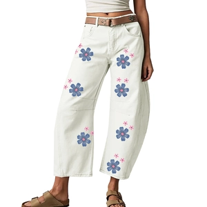 Women Casual Floral Print Wide Leg Jeans Cotton Blend High Waist Loose Straight Denim Pants Vintage Flower Print Trousers
