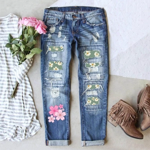 Women Casual Ripped Denim Jeans With Floral Patches Distressed Straight Leg Washed Blue Mother Day Mom Print Long Pants
