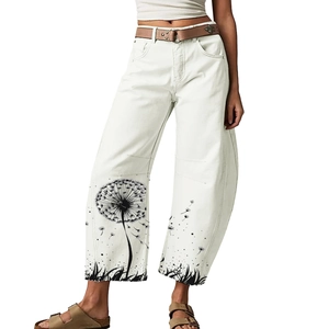 Women's Casual High Waist Wide Leg Pants Dandelion Print Cotton Blend Loose Ankle Length Trousers Fashion Streetwear