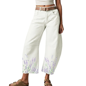 Women High Waisted Wide Leg Jeans Lavender Floral Print Cotton Denim Trousers Casual Loose Straight Leg Pants Beige
