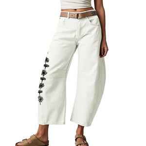 Damen Weites Bein Jeans Mit Blumenstickerei Hohe Taille Naturweiß Baumwollmischung Locker Lässig Gerade Denim Hose