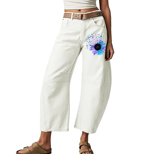Jeans Femme Taille Haute Jambe Large Imprimé Tournesol Puzzle Coupe Large Mélange de Coton Pantalon en Denim Court Streetwear