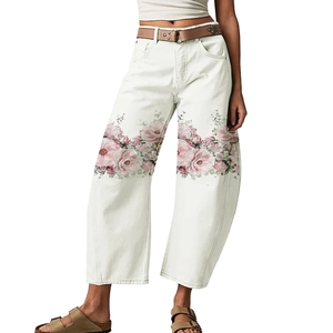 Jeans a Gamba Larga a Vita Alta da Donna Pantaloni in Denim di Cotone Bianchi Stampa Floreale Casual Streetwear