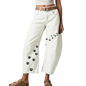 Women's Casual White Wide Leg Jeans With Paw Print Pattern High Waist Cotton Blend Straight Loose Fit Denim Pants