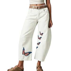Jeans Femme Taille Haute Jambe Large Imprimé Papillon Americana Étoiles Rayures Pantalon Denim Ample Décontracté Streetwear