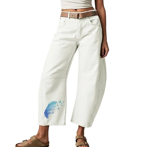 Women Casual High Waist Printed Wide Leg Jeans Streetwear Cotton Blend Blue Feather Pattern Loose Denim Pants