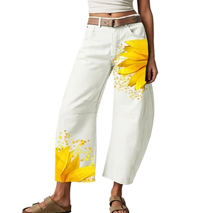 Jeans alla Moda con Stampa di Girasoli a Vita Alta e Gamba Larga Pantaloni in Denim Larghi Streetwear Bianco Giallo