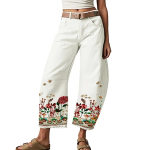 Pantalon Large pour Femme avec Imprimé Artistique Floral Feuilles Champignons Taille Haute Ample Bohème Décontracté