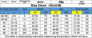 Detailed size chart for straight leg denim skirt with EU and US measurement conversion