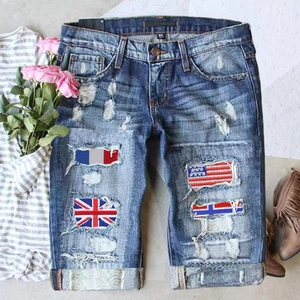 Women's Ripped Denim Shorts With National Flag Patches Mid Waist Distressed Washed Straight Leg Jeans Shorts