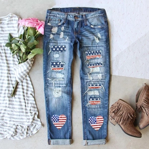 Women's Casual Ripped Jeans With USA Flag Star Heart Print Distressed Mid Waist Straight Cotton Denim Long Trousers