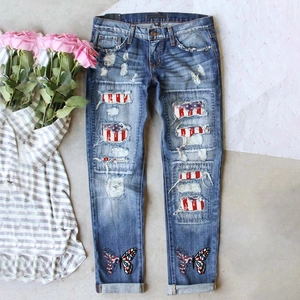 Jean Droit Déchiré pour Femme en Denim Lavé Usé Imprimé Étoiles Drapeau USA Pantalon Streetwear Patriotique Décontracté