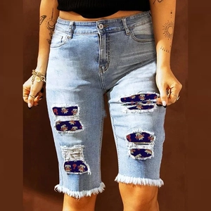 Women's Ripped Denim Shorts Light Blue Distressed Raw Hem Cotton Blend Five Point Mid Waisted Jean Shorts Summer Casual Bottoms