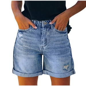 Light blue high waisted denim shorts for women with rolled hem and distressed details