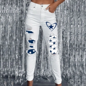 Women Fashion White Ripped Jeans With Star Print Heart Pattern Distressed Straight Leg Denim Pants Streetwear