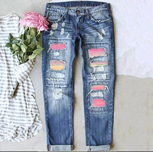 Women Casual Distressed Straight Leg Jeans Washed Denim Pants With Pink Rainbow Leopard Print Patchwork Ripped Detail Streetwear
