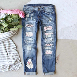 Jeans en Denim Déchirés Décontractés pour Femmes Imprimé Fantôme Amusant Coupe Droite Délavé Bleu Pantalons pour Halloween