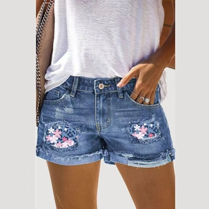 Pantaloncini di Jeans Distressed Casual da Donna Vita Media Patchwork Floreale Leopardato Strappati Lavati Moda Estiva