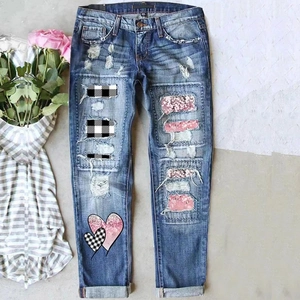Women Ripped Patchwork Denim Jeans Heart Printed Plaid Floral Distressed Straight Leg Mid Waist Casual Streetwear Pants