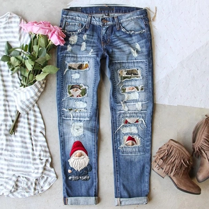 Women Casual Ripped Denim Straight Jeans With Christmas Gnome Embroidery Distressed Washed Mid Waist Denim Pants Holiday
