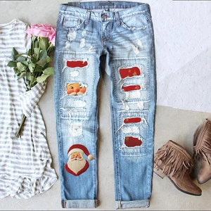 Pantaloni in Denim a Gamba Dritta Jeans Strappati Natalizi da Donna con Stampa Babbo Natale Pantaloni Festivi Casual Streetwear