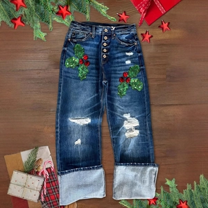 Damen High Waist Zerrissene Gerade Jeans Mit Weihnachtsstechpalme Pailletten Patch Distressed Denim Hose Breiter Aufschlag