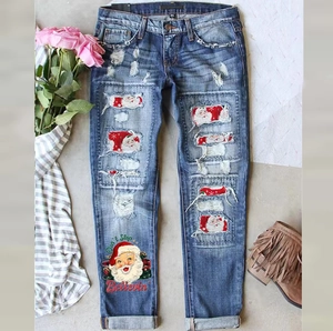 Jean de Noël Décontracté et Déchiré pour Femmes Impression Père Noël Taille Moyenne Jambe Droite Pantalon en Denim Bleu