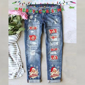 Dames Kerst Gescheurde Denim Jeans Kerstman Print Verweerde Rechte Pijpen Broek Winter Vakantie Mode Streetwear