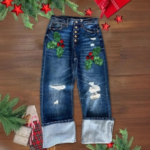 Damen Straight Jeans mit Christmas-Stickerei, Destroyed-Effekt und Aufschlag